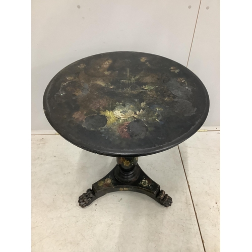 156 - A Victorian painted and mother of pearl inlaid circular tilt top tea table, diameter 66cm, height 75... 