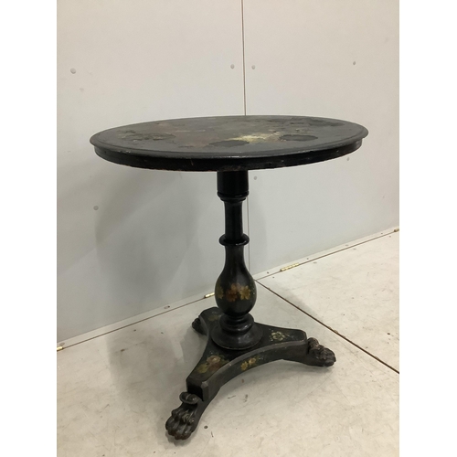 156 - A Victorian painted and mother of pearl inlaid circular tilt top tea table, diameter 66cm, height 75... 