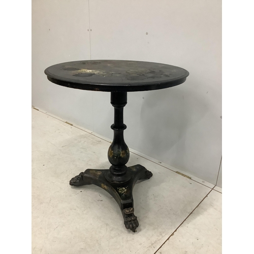 156 - A Victorian painted and mother of pearl inlaid circular tilt top tea table, diameter 66cm, height 75... 