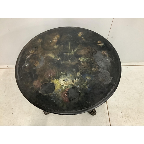 156 - A Victorian painted and mother of pearl inlaid circular tilt top tea table, diameter 66cm, height 75... 