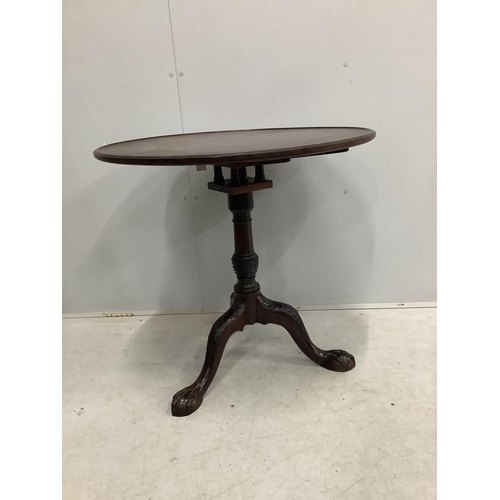 157 - A George III circular mahogany tilt top birdcage tripod tea table, diameter 74cm, height 71cm. Condi... 