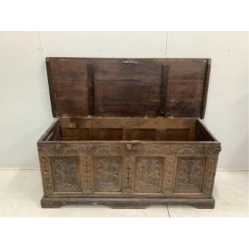 173 - A 17th century and later strapwork carved oak coffer, width 160cm, depth 61cm, height 70cm. Conditio... 