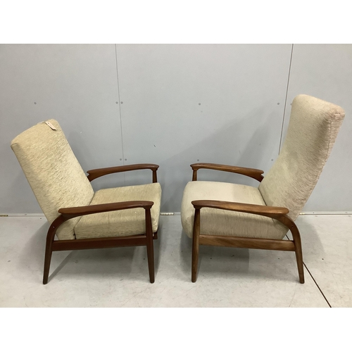 18 - Two mid century armchairs, larger width 66cm, depth 62cm, height 99cm. Condition - fair to good... 