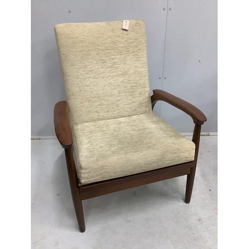 18 - Two mid century armchairs, larger width 66cm, depth 62cm, height 99cm. Condition - fair to good... 