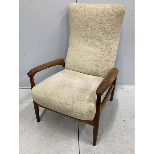 18 - Two mid century armchairs, larger width 66cm, depth 62cm, height 99cm. Condition - fair to good... 