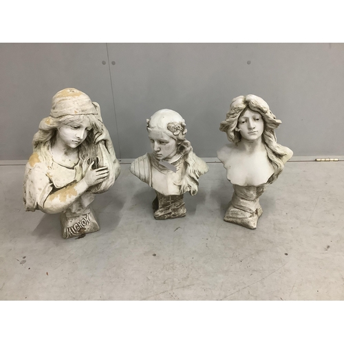 183 - Three Art Nouveau style cast plaster busts, largest height 50cm. Condition - fair