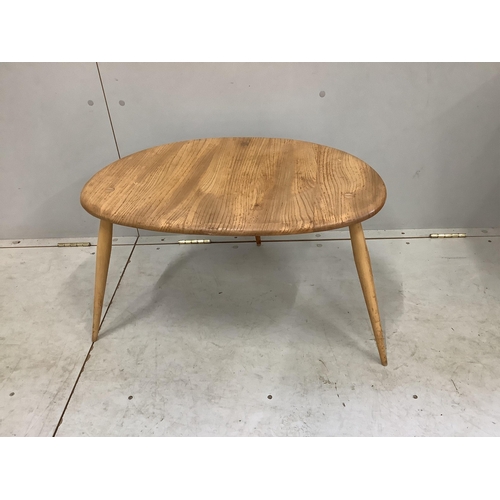 19 - An Ercol oval elm coffee table and a nest of two tables, largest width 98cm, depth 84cm, height 44cm... 