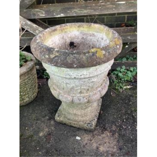 190 - Three reconstituted stone garden planters, largest height 54cm and a reconstituted stone sundial, wi... 