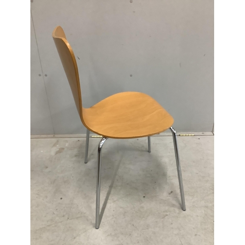 2 - A set of four Arne Jacobsen style bent ply and chrome stacking chairs, width 45cm, depth 40cm, heigh... 