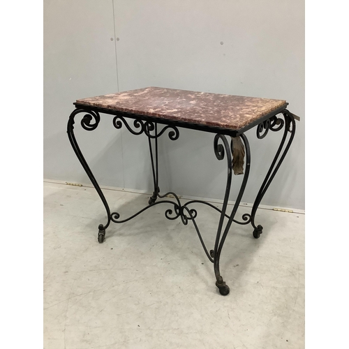 21 - A rectangular wrought iron marble topped table, width 81cm, depth 58cm, height 68cm. Condition - fai... 