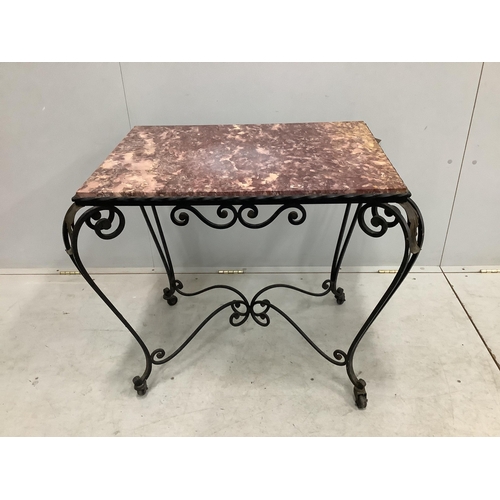 21 - A rectangular wrought iron marble topped table, width 81cm, depth 58cm, height 68cm. Condition - fai... 