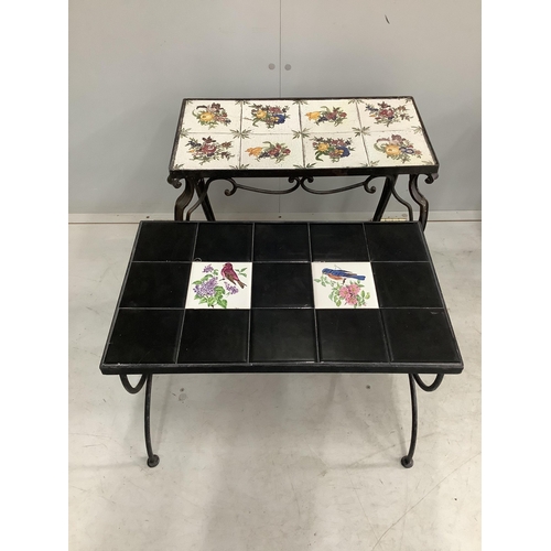 27 - Two mid century wrought iron tiled top coffee tables, larger width 55cm, depth 30cm, height 46cm and... 