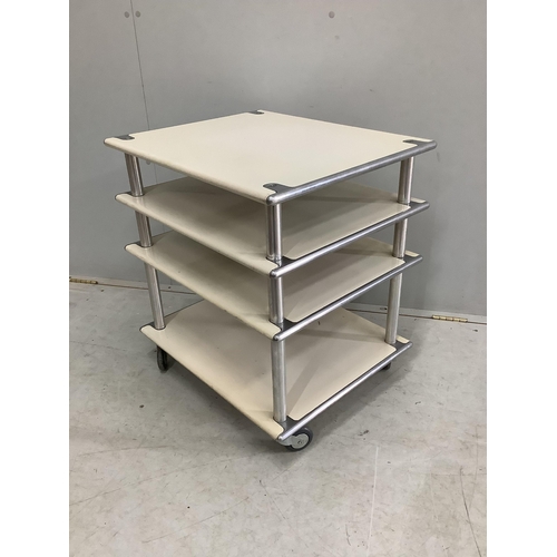 28 - A mid century metal and aluminium four tier bar cart, width 49cm, depth 66cm, height 60cm. Condition... 