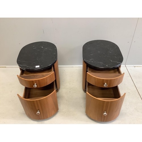 31 - A pair of Contemporary black walnut and marble bedside cupboards, width 49cm, depth 67cm, height 56c... 