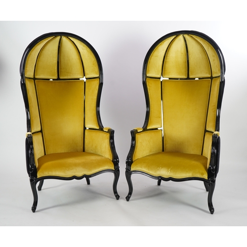 46 - A pair of Namib ebonised and sand coloured satin cotton fabric lounger armchairs, by Brabbu, width 7... 