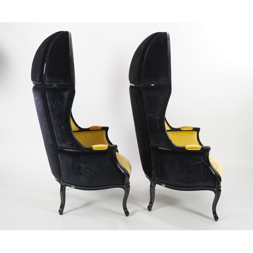 46 - A pair of Namib ebonised and sand coloured satin cotton fabric lounger armchairs, by Brabbu, width 7... 