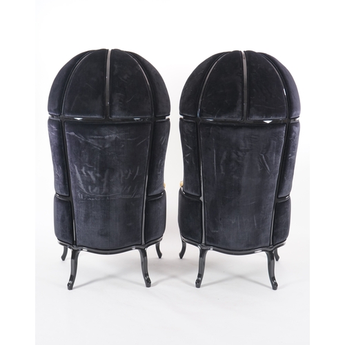 46 - A pair of Namib ebonised and sand coloured satin cotton fabric lounger armchairs, by Brabbu, width 7... 