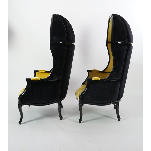 46 - A pair of Namib ebonised and sand coloured satin cotton fabric lounger armchairs, by Brabbu, width 7... 