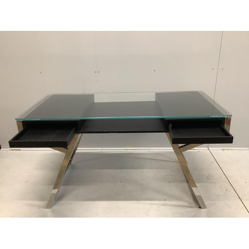 54 - A Contemporary ash and chrome glass topped desk, width 140cm, depth 65cm, height 75cm. Condition - f... 