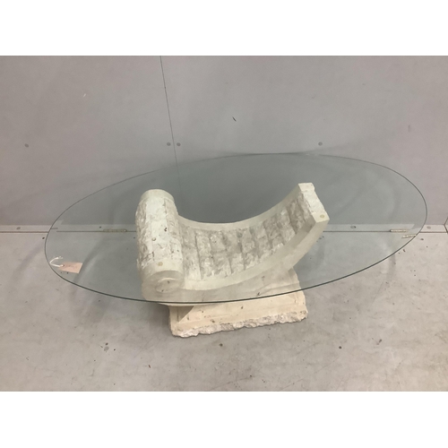 61 - A Contemporary Italian design oval glass coffee table on composite 'C' scroll base, width 130cm, dep... 