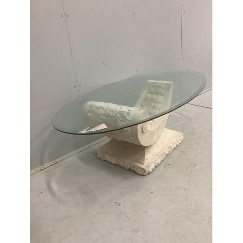 61 - A Contemporary Italian design oval glass coffee table on composite 'C' scroll base, width 130cm, dep... 