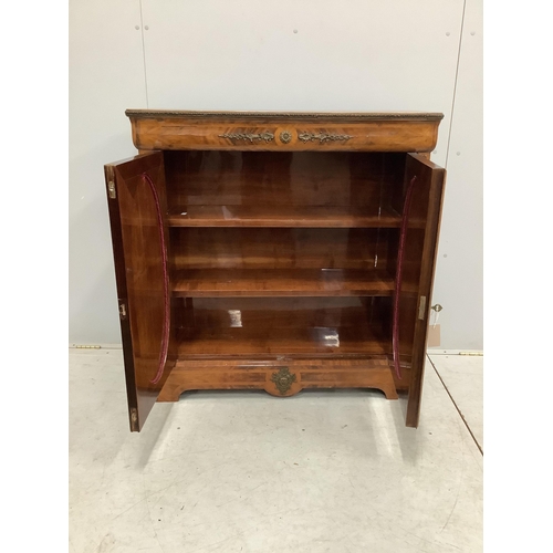 88 - A gilt metal mounted cross banded and marquetry inlaid side cabinet, width 101cm, depth 31cm, height... 