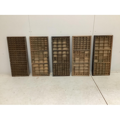 96 - Ten printer's typeface trays, width 36cm, height 80cm together with a small pine pigeon hole unit. C... 