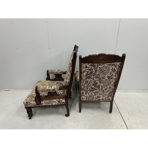 1002 - A pair of Victorian mahogany upholstered open armchairs, width 56cm, depth 62cm, height 101cm. Condi... 