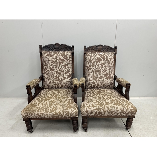 1002 - A pair of Victorian mahogany upholstered open armchairs, width 56cm, depth 62cm, height 101cm. Condi... 