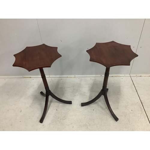 1013 - A pair of Regency style mahogany tripod wine tables, width 43cm, height 74cm. Condition - fair to go... 