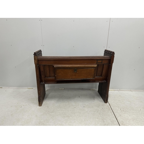 1028 - A Victorian pitch pine pew, width 113cm, depth 45cm, height 87cm. Condition - fair