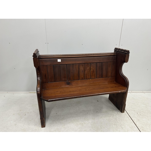 1028 - A Victorian pitch pine pew, width 113cm, depth 45cm, height 87cm. Condition - fair