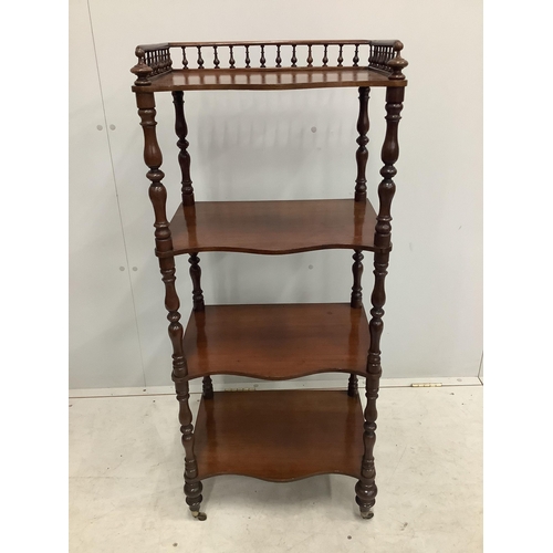 1037 - A Victorian four tier mahogany whatnot with a galleried top, width 47cm, depth 33cm, height 113cm. C... 