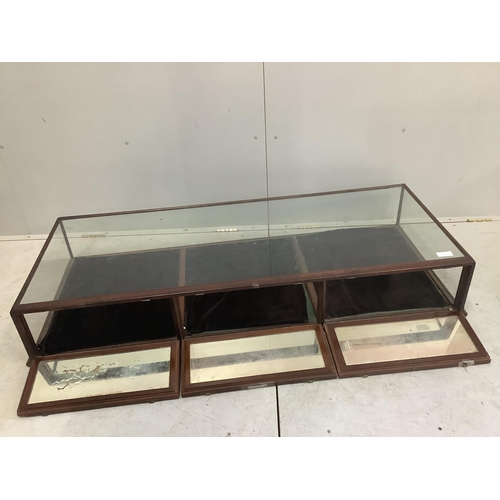 1041 - Two late 19th / early 20th century mahogany table top display cases, larger width 151cm, depth 61cm,... 