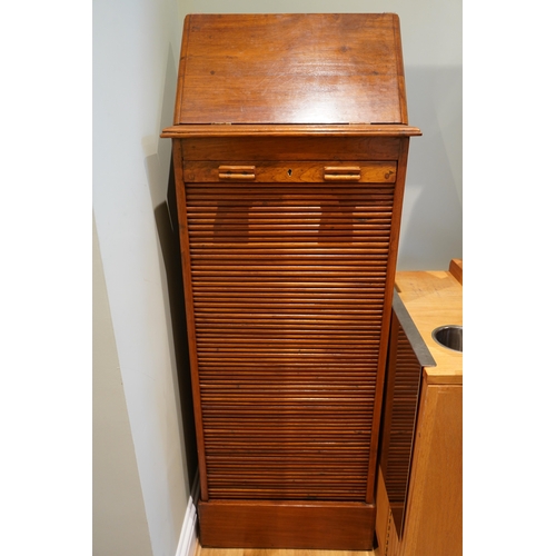 1096 - A 20th century Anglo Indian teak tambour filing cabinet, with lift up top and drawers, width 53cm, d... 