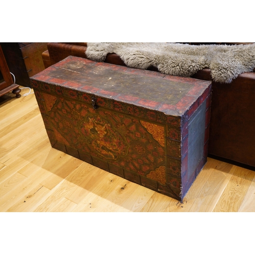 1103 - An early 19th century Tibetan, Dzongkha dragon painted trunk, width 122cm, depth 45cm, height 66cm. ... 