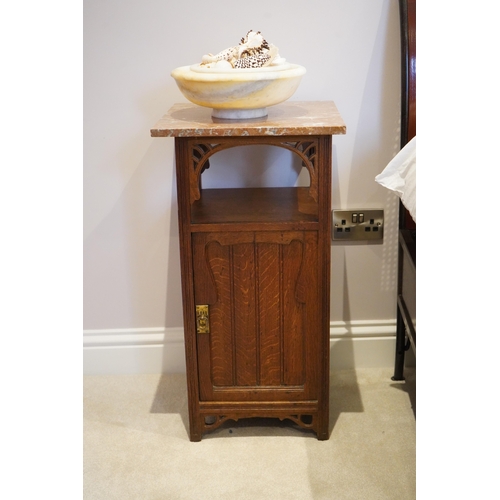 1105 - A pair of French Art Nouveau oak marble topped bedside cupboards, width 42cm, depth 42cm, height 81c... 