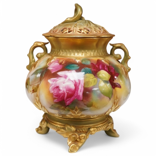 1535 - A Royal Worcester rose decorated pot pourri, 19cm high. Condition - handle to cover damaged