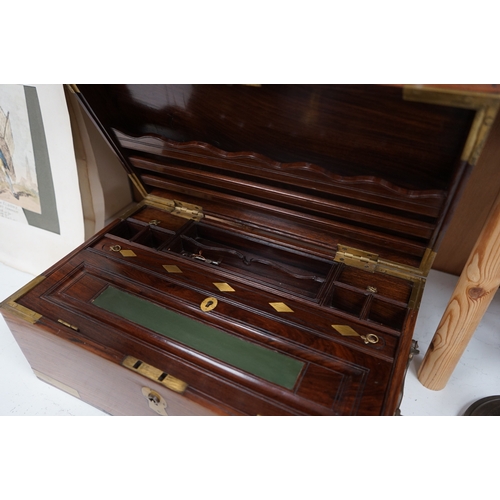 1621 - A 1920s Anglo Indian brass mounted rosewood chest with fitted interior and key, 48cm wide. Conditio... 