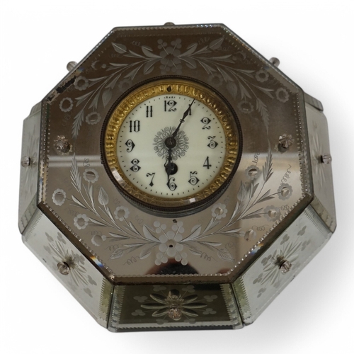 1622 - An early 20th century Venetian wheel engraved and mirrored glass octagonal wall clock, 30cm. Conditi... 