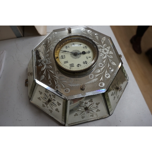 1622 - An early 20th century Venetian wheel engraved and mirrored glass octagonal wall clock, 30cm. Conditi... 