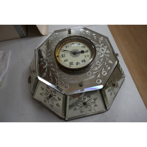 1622 - An early 20th century Venetian wheel engraved and mirrored glass octagonal wall clock, 30cm. Conditi... 