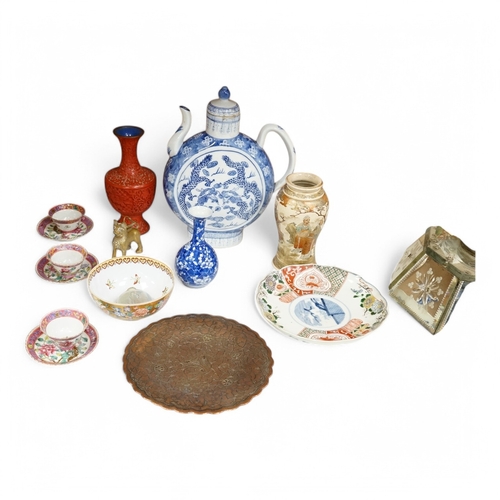 1623 - A group of mixed oriental porcelain and metalware to include a Japanese satsuma vase, cinnabar lacqu... 