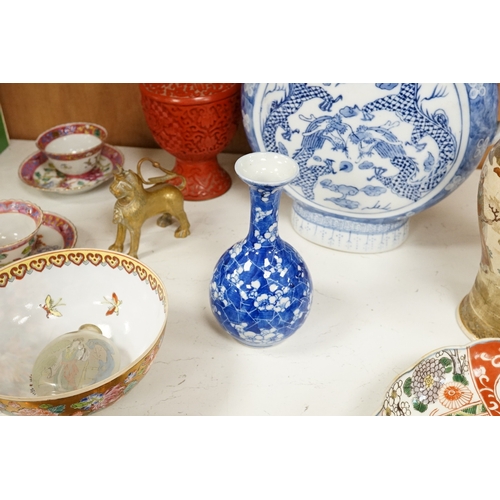 1623 - A group of mixed oriental porcelain and metalware to include a Japanese satsuma vase, cinnabar lacqu... 