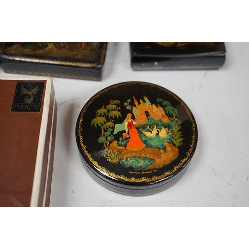 1624 - Six late 19th / early 20th century Russian lacquer boxes to include a circular example, largest 15cm... 