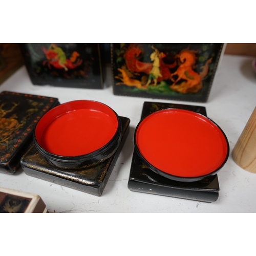 1624 - Six late 19th / early 20th century Russian lacquer boxes to include a circular example, largest 15cm... 