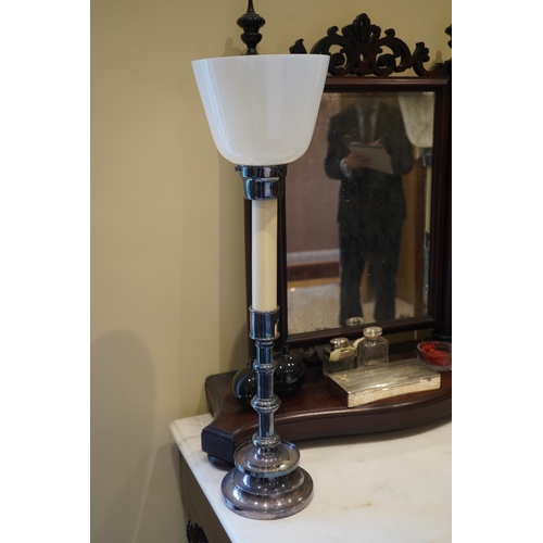 1645 - A pair of silvered chrome uplighter lamps with opaque glass shades, overall 74cm high. Condition - m... 