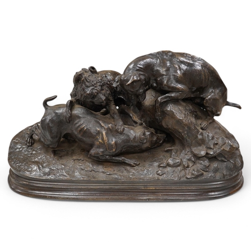 1681 - After Pierre Jules Mene (1810-1871) a bronze group La Chasse au Lapin, 37cm wide. Condition- fair ... 