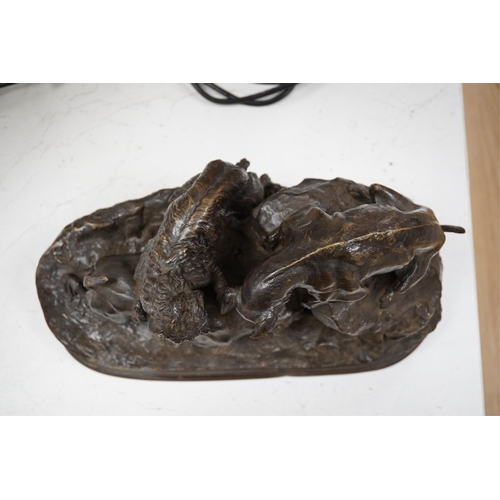 1681 - After Pierre Jules Mene (1810-1871) a bronze group La Chasse au Lapin, 37cm wide. Condition- fair ... 