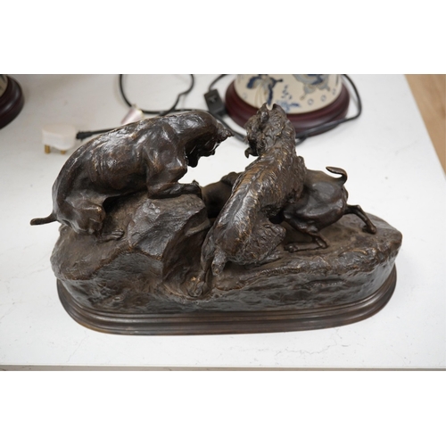 1681 - After Pierre Jules Mene (1810-1871) a bronze group La Chasse au Lapin, 37cm wide. Condition- fair ... 